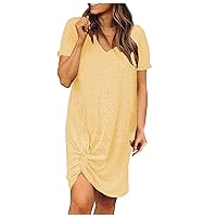 Women's Casual Dresses Twisted Knot V Neck Mini T-Shirt Dress Lose Kleid Short Sleeve Summer Sundress Daily Wear Streetwear(1-Yellow,12) 0485