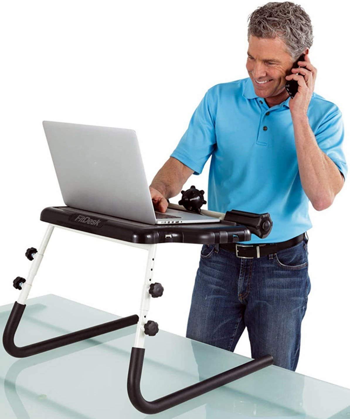 FitDesk Table Top Standing Desk with Massage Rollers and Forearm Supports - Soft Grip Surface Tablet Holder - No Scratch Grip Legs - Height Adjusta...