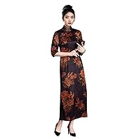 Women Cheongsam Heavy Silk Peony Floral Printed Mock Collar Half Sleeve Slim Black Party Long Dress 3609