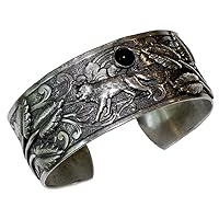 Antique Silver Plated Brass Wolf Cuff - Black Onyx and Hematite