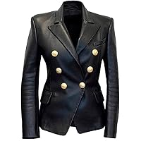 Kim Kardashian Black Double Breasted Slim Fit Real Leather Jacket Blazer for Womens