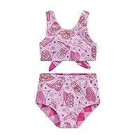 Gueuusu Toddler Baby Girl 2 Piece Swimsuit Sleeveless Knotted Tankini Top Swim Shorts Bikini Set Two Sided Print Swimwear