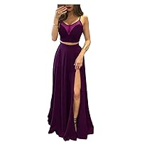 SABridal Womens Two Piece Long Prom Dress Side Slit Chiffon Evening Party Gown