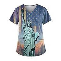4th of July Tie Dye Scurb_Tops for Womens Summer USA Flag Short Sleeve V Neck Blouses Casual Loose Fit Pockets T-Shirts