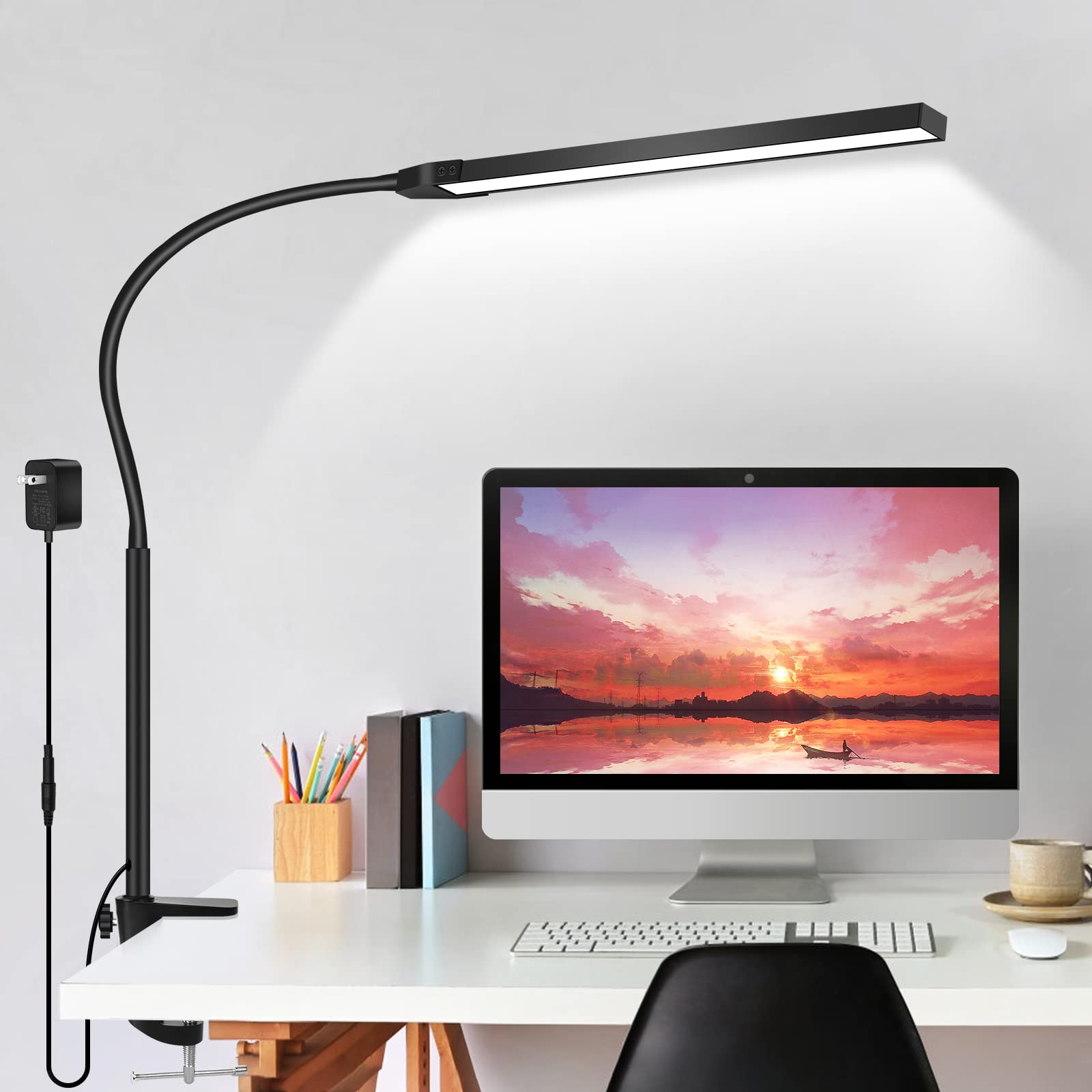 NAKOOS LED Desk Lamp with Clamp, Desk Light for Home Office, Touch Control 3 Modes Stepless Dimmable Clip on Desk Lamp with Long Felxible Gooseneck for Study, Reading, Dorms, Studios