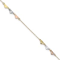 Gold 14K Tri-Color Diamond-cut Hearts 9in Plus 1in ext Anklet - 9