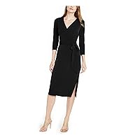 INC Womens V-Neck Knee-Length Wrap Dress Black M