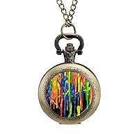 Rainbow Watercolor Classic Quartz Pocket Watch with Chain Arabic Numerals Scale Watch