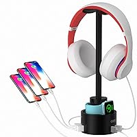 Headphone Stand with 3 USB Charger COZOO Desktop Gaming Headset Holder Hanger with 3 USB Charging Station,Watch Stand and Watch Wireless Charging,DJ,Earphone Display Accessories,Gamers Gifts for Him