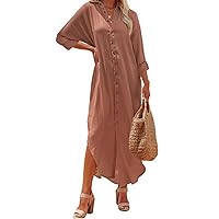 Long Sleeve Button Down Dress for Women Elegant Casual Fall Front Maxi Dresses Solid Loose Fit Dress
