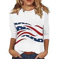 2024 Trendy 3/4 Sleeve Tops for Women T-Shirt Casual Independence Day Print Tops T Shirt Casual Loose Shirts