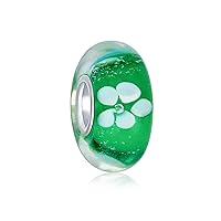 Murano Glass .925 Sterling Silver Core Translucent Floral Green Black White Flower Spacer Charm Bead Fits European Bracelet For Women Teen