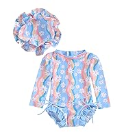 Baby Girl Swimsuit Long Sleeve Floral/Fruit Print Ruffle Swimwear One-Piece Rash Guard Toddler Zipper Bathing Suit