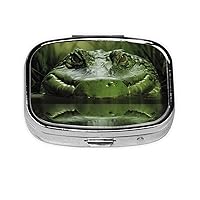 Gator Lurking Green Pill Box 2 Compartment Small Pill Case for Purse & Pocket Metal Medicine Case with Mirror Portable Travel Pillbox Medicine Organizer