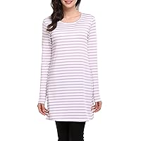 Women's Loose Long Sleeve A-Line Skirt Stripe Crewneck Simple Basic Dress Casual Solid Color Comfortable Stretchy Blouse