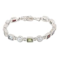 NOVICA Handmade 11carat Faceted Multigemstone Link Bracelet with Pearls Sterling Silver Peridot India Geometric 'United Pearly Gems'