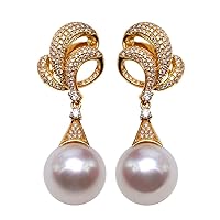 Elegant 13mm White South Sea Pearl Earrings 18K Gold Drop Earrings inlay Diamonds AAA+ Bridal Jewelry