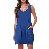 Sundresses Beach Dress for Women 2024 Solid Color Classic Simple Loose Casual with Sleeveless Round Neck Pockets Dresses Blue XX-Large