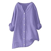 Womens Cotton Linen Dressy Shirts Solid Button Up Long Sleeve Baggy Tunic Tops Summer Casual Loose Oversized Blouse