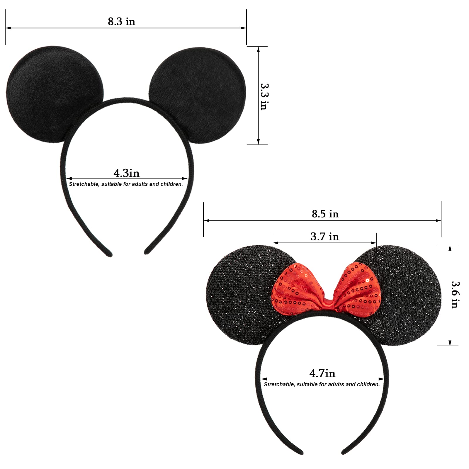 CHuangQi Mouse Ears Headband Pack of 12 for Boys and Girls Birthday Party or Celebrations, Solid Black and Red Bow