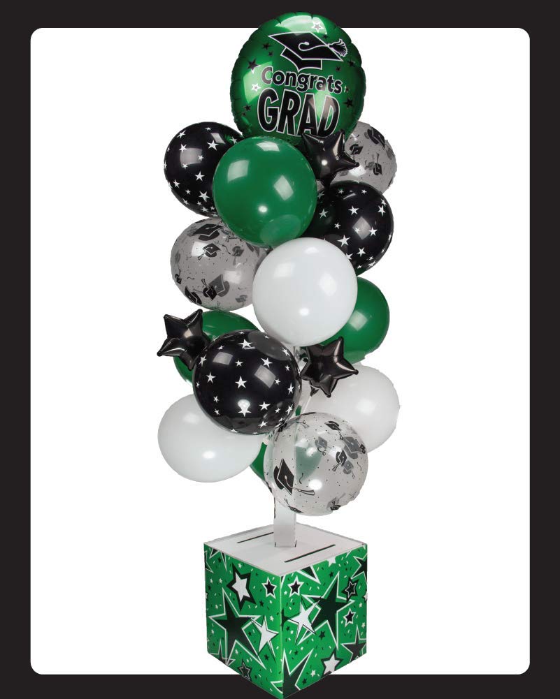 Balloon It Yourself! NO Helium Graduation Balloon Decoration with Card Box. All-in-one Complete do-it-Yourself kit - Green
