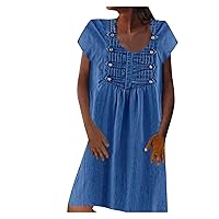 Women’s Short Sleeve V Neck Button Shirt Dress Casual Loose Solid Tunic Tops Vintage Short Mini Dresses