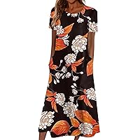Summer Dresses for Women 2024 Pocket Short Sleeve Dresses Pleated Round Neck Maxi Dress Printed Comfy Beach Dress