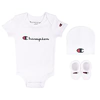 Champion unisex-baby 3-pc Box Set Includes an Infant Body Suit, a Bib Or Hat & Pair of Booties in Colors and Size 0-6m