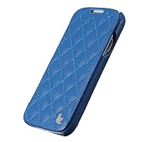 Jisoncase JS-SM4-03G40 Quilted Genuine Leather Auto Sleep/Wake Up Folio Case for Samsung Galaxy S4 - Retail Packaging - Blue