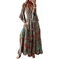 Summer Boho Floral Printe Dress for Women Casual Dressy Flare Long Sleeve V Neck Empire Waist Maxi Dress 2024