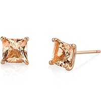 Peora Morganite Stud Earrings for Women in 14 Karat Rose Gold, Classic Solitaire Princess Cut, 6mm, 2 Carats total, Friction Back