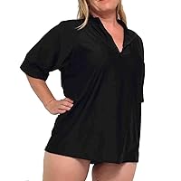 Women's Rash Guard Plus Size Loose Fit +50UPF Zip Neck 16w to 30w Black Swim Shirt Short Sleeve Red Sun Top
