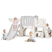 8 in 1 Toddler Slide,Kids Climber Slide with Storage Space and Non-Slip Steps,Indoor Outdoor Playset with Basketball Hoopa and Telescope,Slide for Toddlers Age 1-8 (White+Grey)