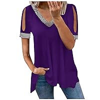 Cold Shoulder Tops for Women Rhinestone Shiny V Neck Blouse Ruched Irregular Hem Flowy T-Shirt Summer Short Sleeve Tees