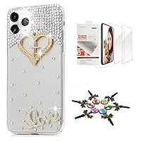 STENES Sparkle Case Compatible with iPhone 14 Pro Max - Stylish - 3D Handmade Bling Cross Heart Love Crystal Rhinestone Glitter Design Cover Case with Screen Protector [2 Pack] - Gold