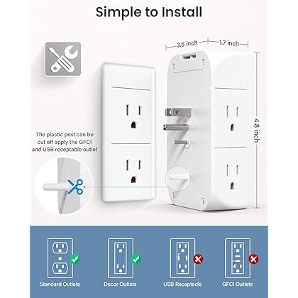 Mifaso Wall Outlet Extender with Shelf and Night Light,Surge Protector, Wall Charger with 5 USB Outlets and 3 USB Ports 1 USB C Outlet Wide Space 3-Sided Power Strip Multi Plug Outlets…