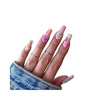 KXAMELIE Matte Nude Pink Glue on Nails Medium Length With Flowers Pattern,Press on Nails Medium Short Acrylic Nails Press on,Stick on Nails for Women and girls Daily Wear in 24 PCS