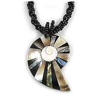 Avalaya Mother of Pearl Shell Shape Pendant with Twisted Glass Bead Chain Necklace in Black/Beige/44cm L/ 55mm Pendant