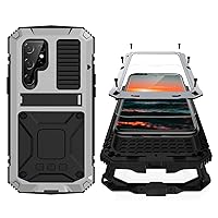 Samsung S22 Ultra Metal Case with Screen Protector Camera Protector Military Rugged Heavy Duty Shockproof Case with Stand Full Cover Tough case for Samsung S22 Ultra (S22 Ultra, Sliver)