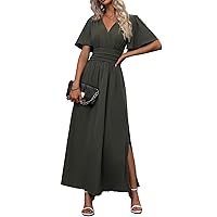 Summer Dresses for Women 2024 Flounce Sleeve Split Thigh Ruched Waist Split Thigh Long Dress