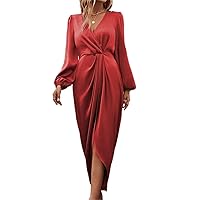 Dresses for Women Lantern Sleeve Twist Front Wrap Hem Satin Dress (Color : Red, Size : Medium)