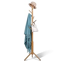 Coat Rack freestanding Stand Bamboo Wooden 8 Hooks 3 Adjustable Tree Standing Coat Jackets Hanger Easy Assembly Hallway Mounted Corner Parlor Office Floor Stand for Clothes Nature