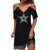 Golf Dress,Womens Puff Casual Flower Butterfly Hot Drill V Neck Off Shoulder Stitching Lace Short Sleeve Jumpsu