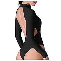 GORGLITTER Women's Sexy Cut Out Backless Bodysuit Long Sleeve Mock Neck Open Back Leotard Shirt Top