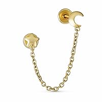 Unisex Tiny Simple Genuine Yellow 10K Gold Double Piercing Chain Celestial Crescent Moon & Star 1pc Stud Two Hole Earring Ear Lobe Cartilage For Women Teen