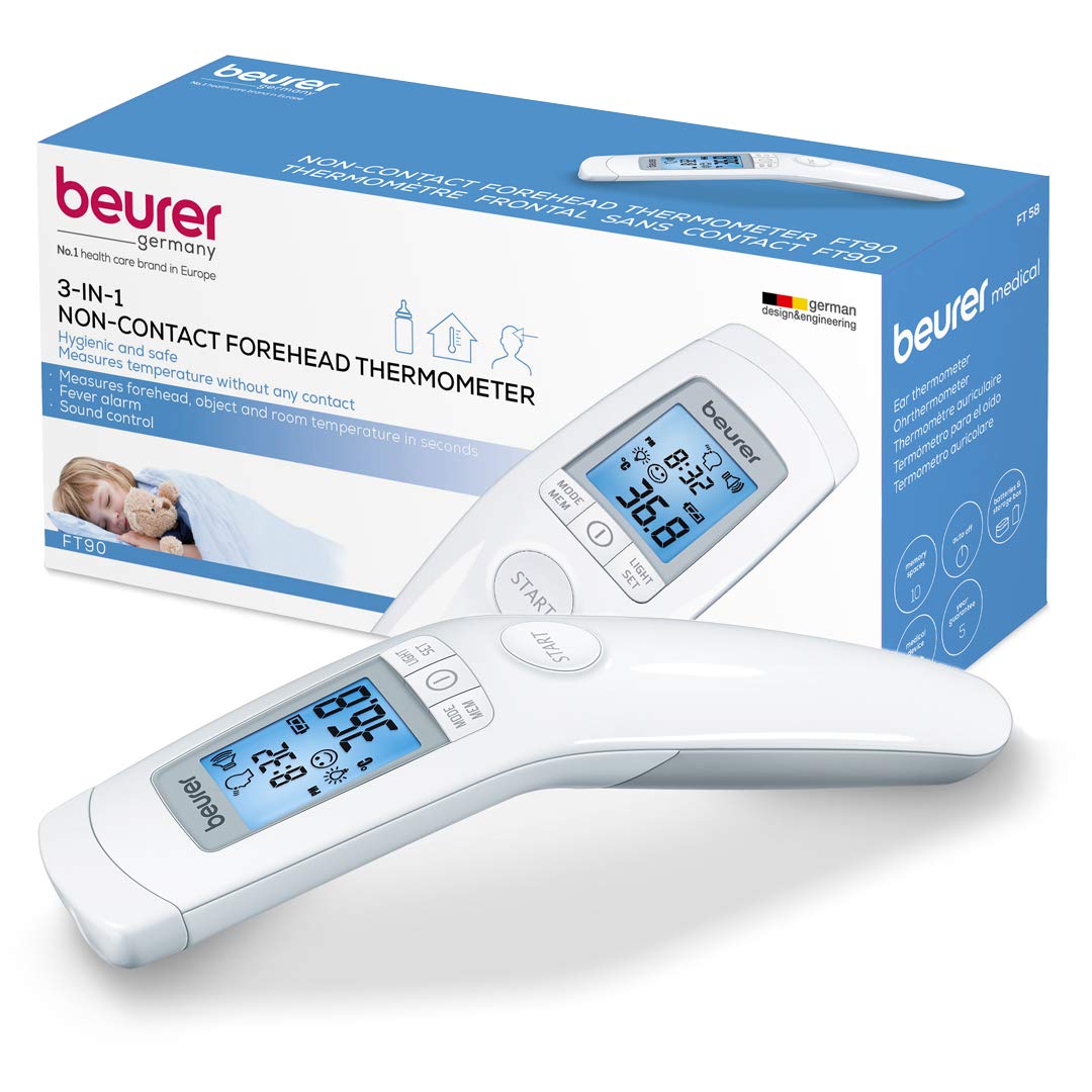 Beurer 3-in-1 Forehead Non-Contact, Body, Surface, Room Temperature, High Accuracy, Large Blue Backlit LCD Display Thermometer, 60 Memory Spaces, F...