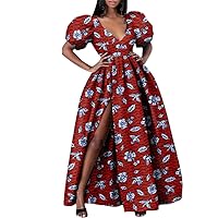 Short Sleeve African Dresses for Women High Waist V Neck Maxi Dress Floral Print Party Evening Gown