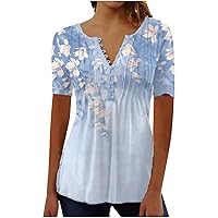 Womens Henley Shirts Vintage Floral Print Short Sleeve Tee Tops Buttons Down Tshirt V Neck Pleated Blouse Dressy Casual Tunic