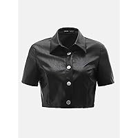 Women's Tops Shirts Sexy Tops for Women Crop PU Leather Blouse Shirts for Women (Color : Black, Size : X-Large)
