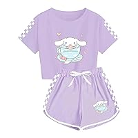 Cinnamoroll Crop Top T Shirt and Shorts Set Women Girls 2 Piece Short Sleeve Outfits Summer Active Tracksuits
